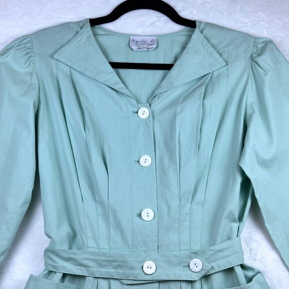 Vintage Agnès b. Paris Mint Green Button Front Belted Dress Sz 36/S Cottagecore - Picture 4 of 10